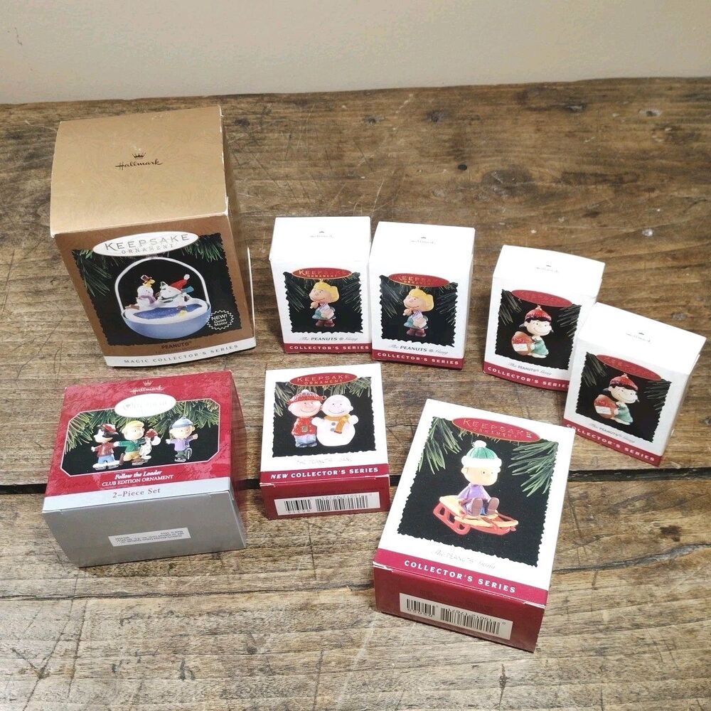 EIGHT Hallmark Keepsake Ornaments Box Peanuts Lucy Charlie Brown Christmas VTG